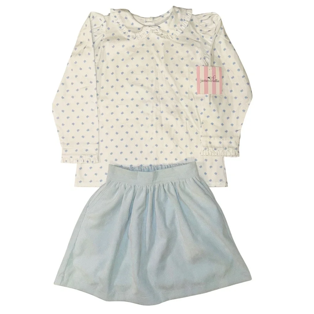 James & Lottie Girls Blue Bows Long Sleeve Top & CeCe Skirt Set‎ Size 7 NEW